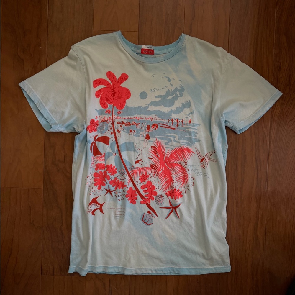 MOTHER Light Blue Short Sleeve Tee with Coral Palm Graphic